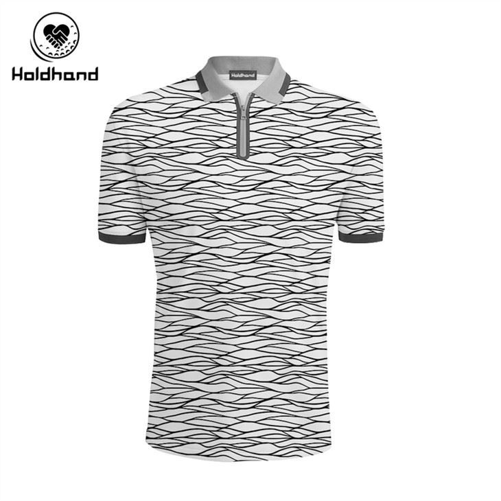 Custom Golf Polo T Shirt คุณภาพสูงสำหรับผู้ชาย การพิมพ์ดิจิตอลเต็มรูปแบบ Black White Geometry Style