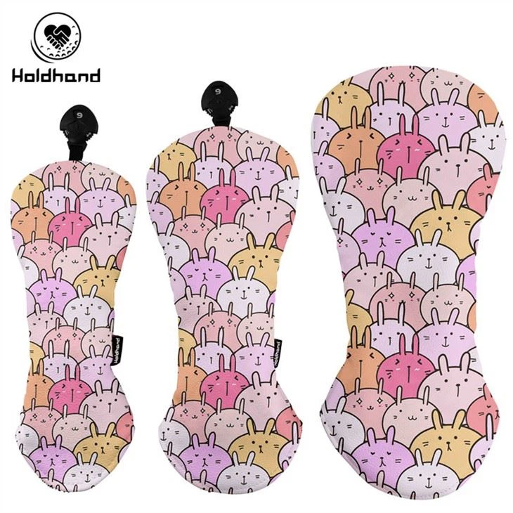 ผ้าคลุมศีรษะพิมพ์ลายกระต่ายการ์ตูนสีชมพู PU Leather Golf Driver Head Cover